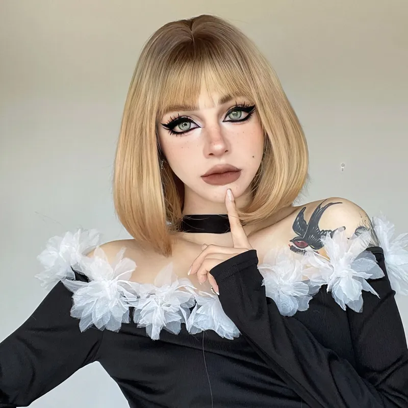 Girl Highlights Ombre Brown Middle Part Natural Style Short Straight Hair for Sex Doll