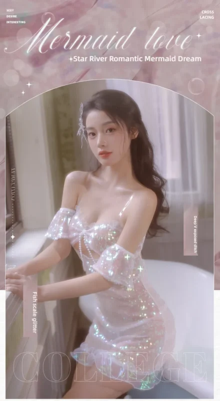Non-Staining Clothes for Silicone Doll, French Softness Sheer Mesh Cleavage Reveal Spaghetti Strap Dress