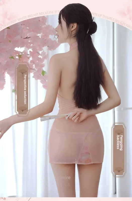 Non-Staining Clothes for TPE Doll, Open-Cleavage Backless Mesh Straps Asymmetrical Qipao
