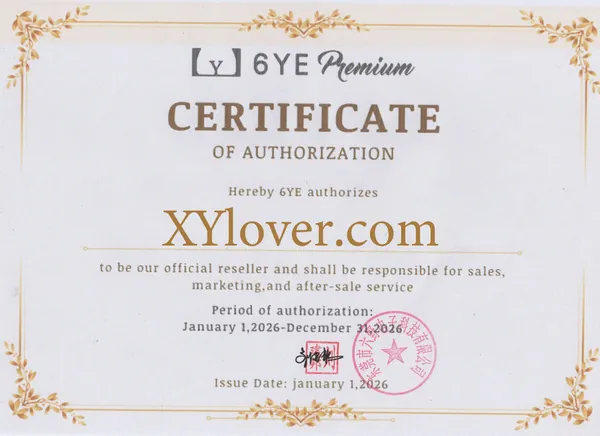 6YE Premium certificate of authorization confirming XYlover.com as official reseller (2026)