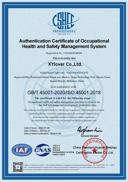ISO 45001 occupational health and safety management system certificate for XYlover Co., Ltd. (GB/T 45001-2020 / ISO 45001:2018, valid 2024-01-08 à 2027-01-07)