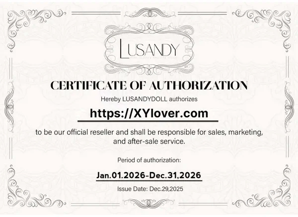 LUSANDY authorization certificate confirming https://xylover.com as official reseller (Jan 1–Dec 31, 2026)