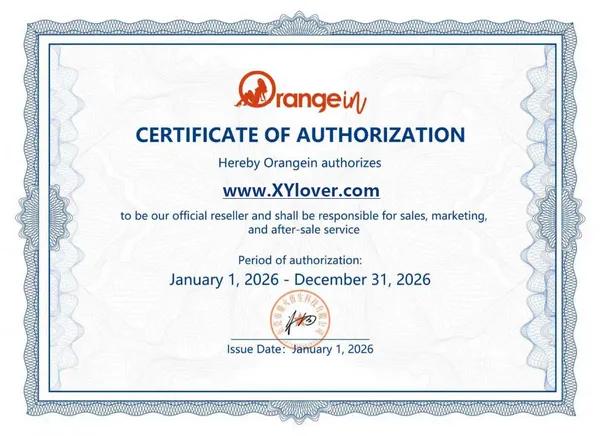 Orangein certificate of authorization confirming www.xylover.com as official reseller (Jan 1–Dec 31, 2026)