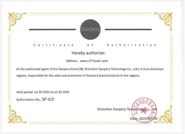 Starpery authorization certificate appointing www.xylover.com as authorized agent in Euro-American regions (SP-JLD, Juillet 30, 2025–Jul 30, 2026)