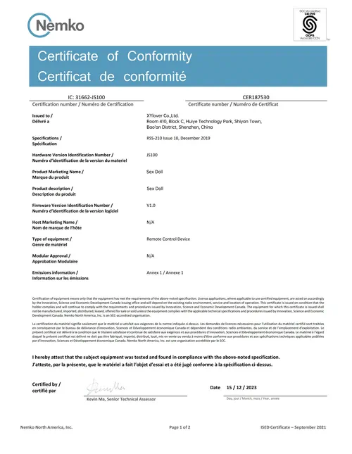 Nemko certificate of conformity for Canada ISED (IC 31662-JS100) remote control device JS100 — CER187530