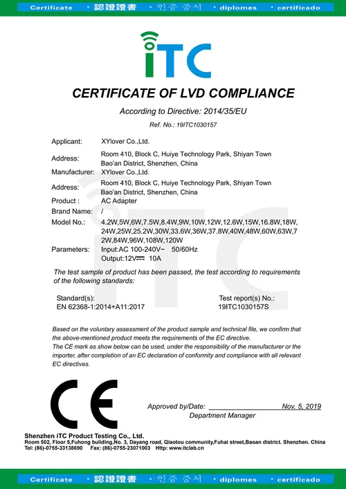 CE LVD compliance certificate for AC adapter (EN 62368-1) — iTC Ref. 19ITC1030157, dated Nov 5, 2019