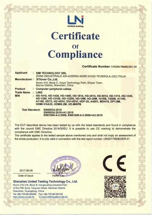 CE EMC certificate of compliance for cables (Computer peripheral cables) — EMC Directive 2014/30/EU, UNI2017060823EC-01