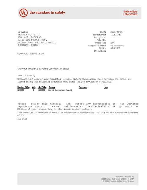 UL Multiple Listing Correlation Sheet document for XYlover (UL file record) dated Apr 16, 2009