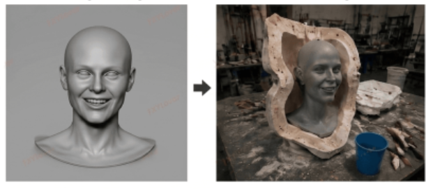 Workshop craftsman making a head mold for silicone doll production.