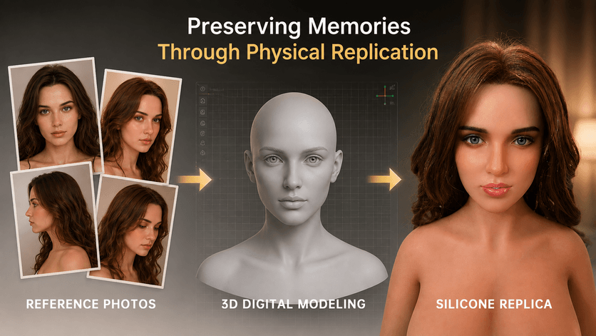 Photo to silicone clone doll concept showing reference photos, 3D digital model, and realistic customized doll.
