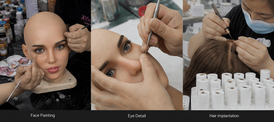 3-panel collage showing realistic skin airbrushing, eye installation, and hand hair punching.