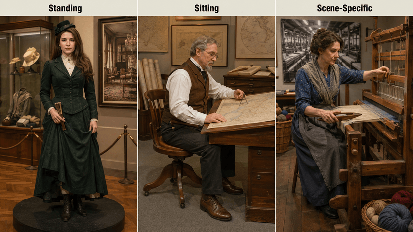 Museum figures in standing sitting and scene-specific poses
