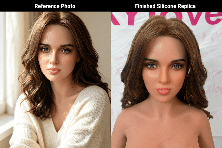 Side-by-side comparison of customer photo and completed realistic silicone clone doll.