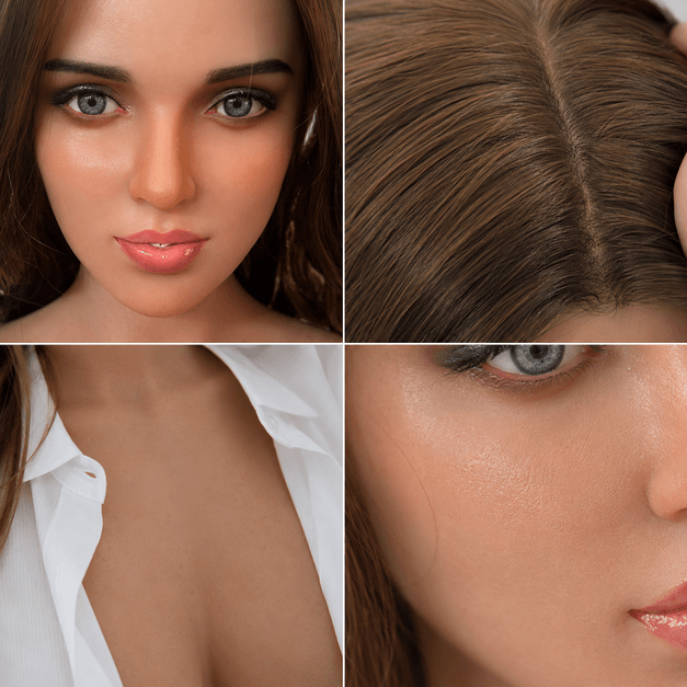 4-grid photo detailing glasses, hair style, clothes, and skin texture on clone doll.
