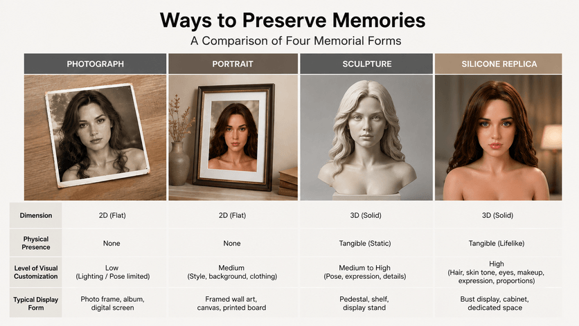 Comparison infographic of photo, portrait, sculpture, and custom silicone replica doll.