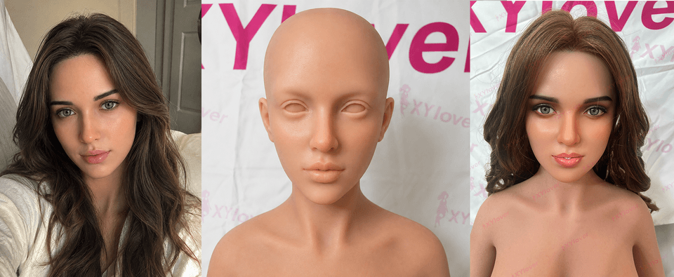 3-step timeline showing client photo, work-in-progress sculpt, and finished silicone clone doll.