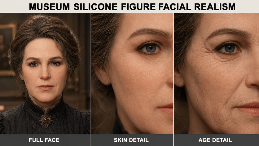 Realistic facial details of a museum silicone figure