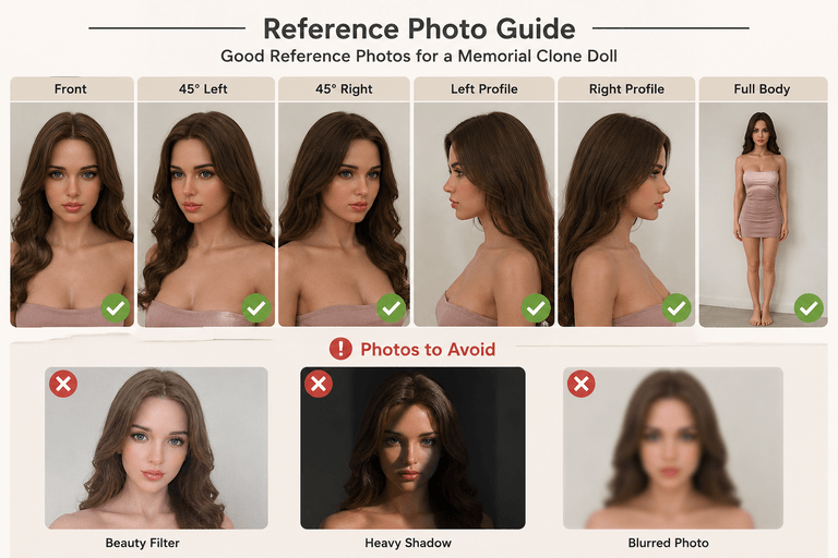 Reference photo guide for custom clone doll showing essential front, profile, and body angles.