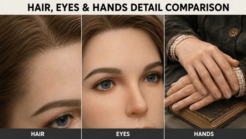 Hair eyes and hands details of a silicone figure