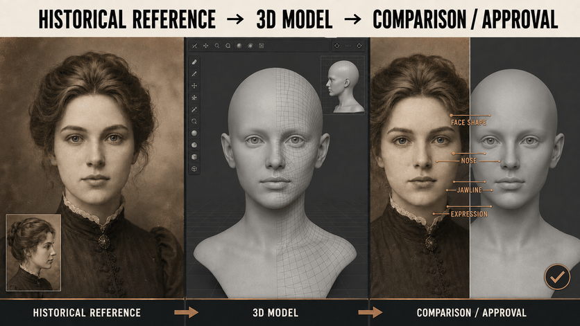 Historical reference compared with 3D character model
