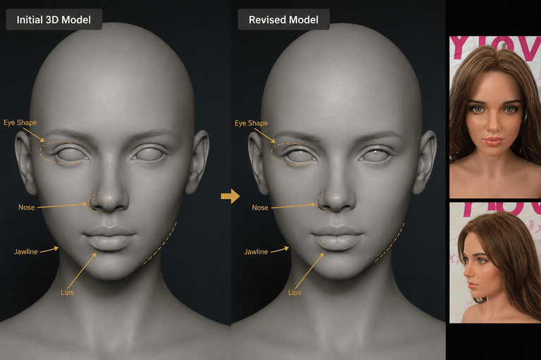 3D model revision comparison showing initial head sculpt vs adjusted facial features.