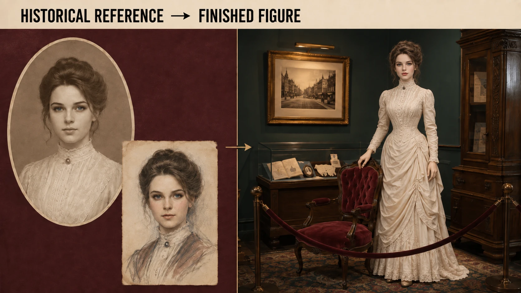 Historical reference compared with finished silicone figure